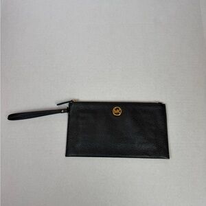 Michael Kors Black Leather Wristlet Clutch Gold Hardware Large Zip Pouch